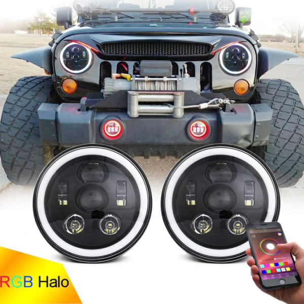 RGB Halo LED Headlight 7 Inch Ar gyfer Jeep Wrangler JK JL Aml-swyddogaeth RGB Headlamp